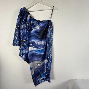 MM Couture By Miss Me Womens One Shoulder Top Blouse Medium Blue Abstract New